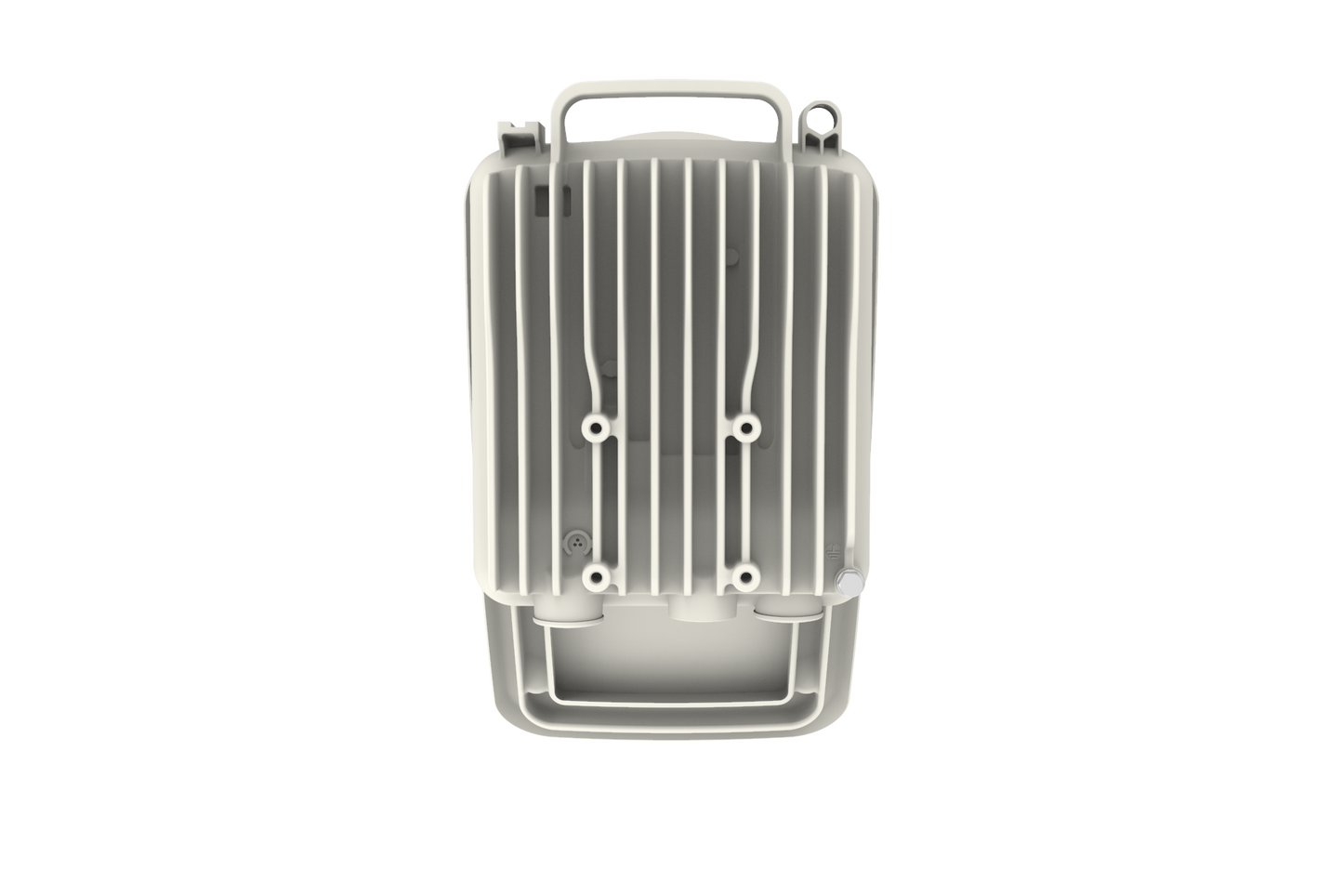 Gray plastic Cambium cnWave V3000 60GHz mmWave client node radio with ridges and handle