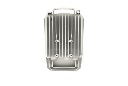 Gray plastic Cambium cnWave V3000 60GHz mmWave client node radio with ridges and handle