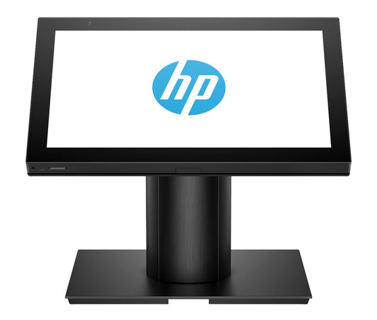 Black hp engage one g2 15.6in touchscreen kiosk with sleek design and blue logo on screen running windows 11