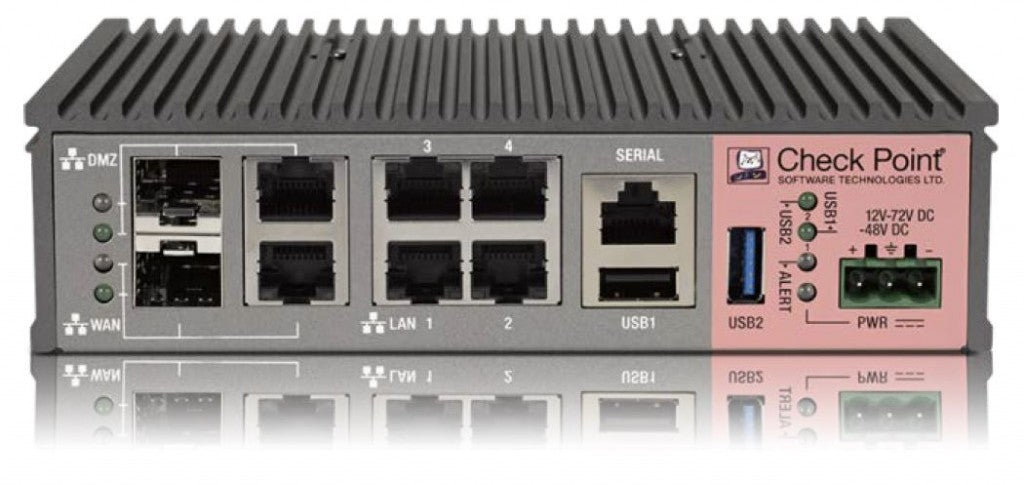 Rear view of Check Point CPAP-SG1200R-NGFW black industrial switch with Ethernet ports and USB