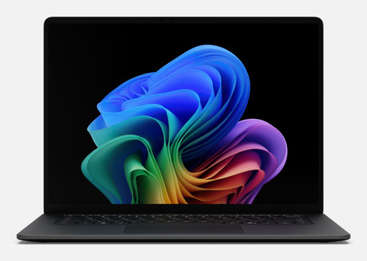 Black microsoft surface laptop 4 with vibrant swirling windows 11 wallpaper displayed on surface laptop 8 15in copilot+ pc