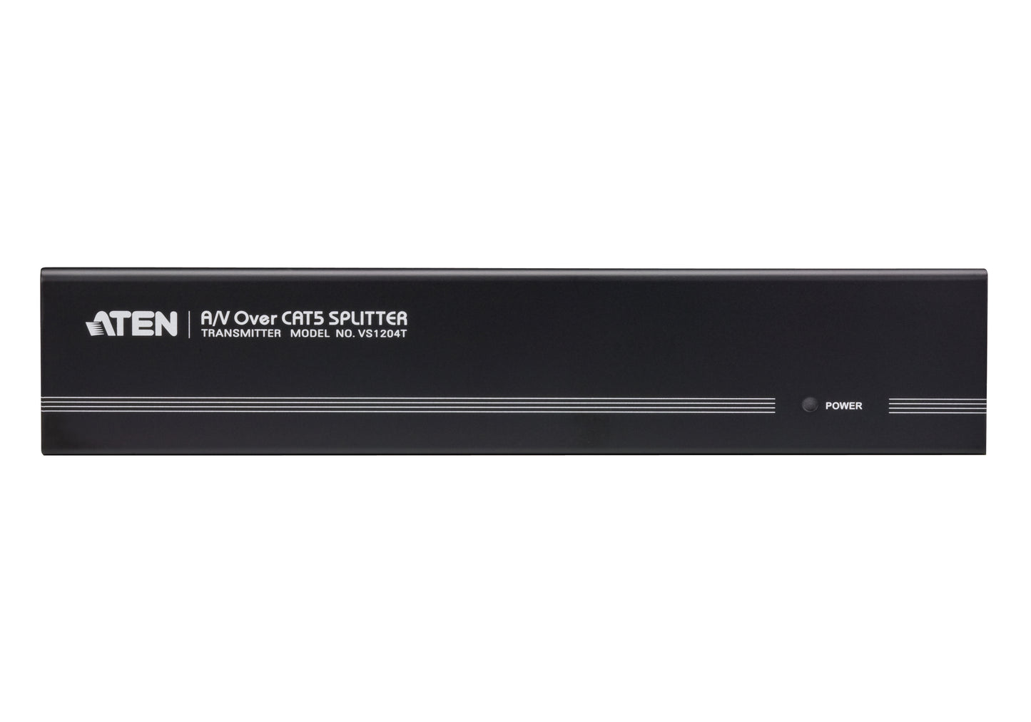 Black aten vs1204t av over cat5 splitter transmitter with silver trim and white labeling for 4-port vga audio extension