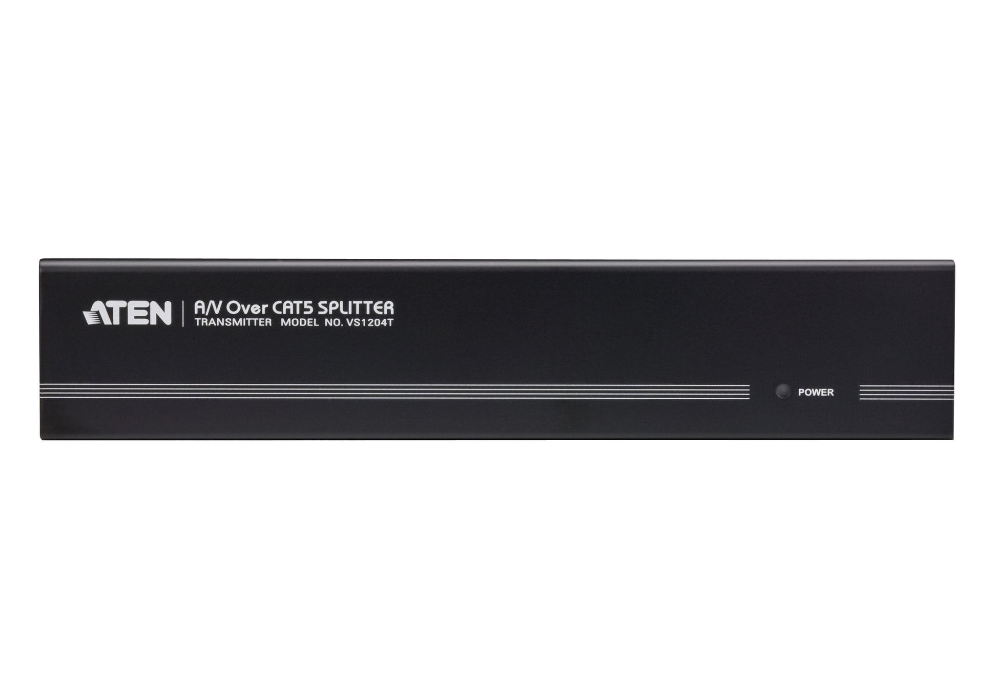 Black aten vs1204t av over cat5 splitter transmitter with silver trim and white labeling for 4-port vga audio extension