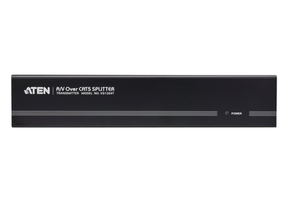 Black aten vs1204t av over cat5 splitter transmitter with silver trim and white labeling for 4-port vga audio extension