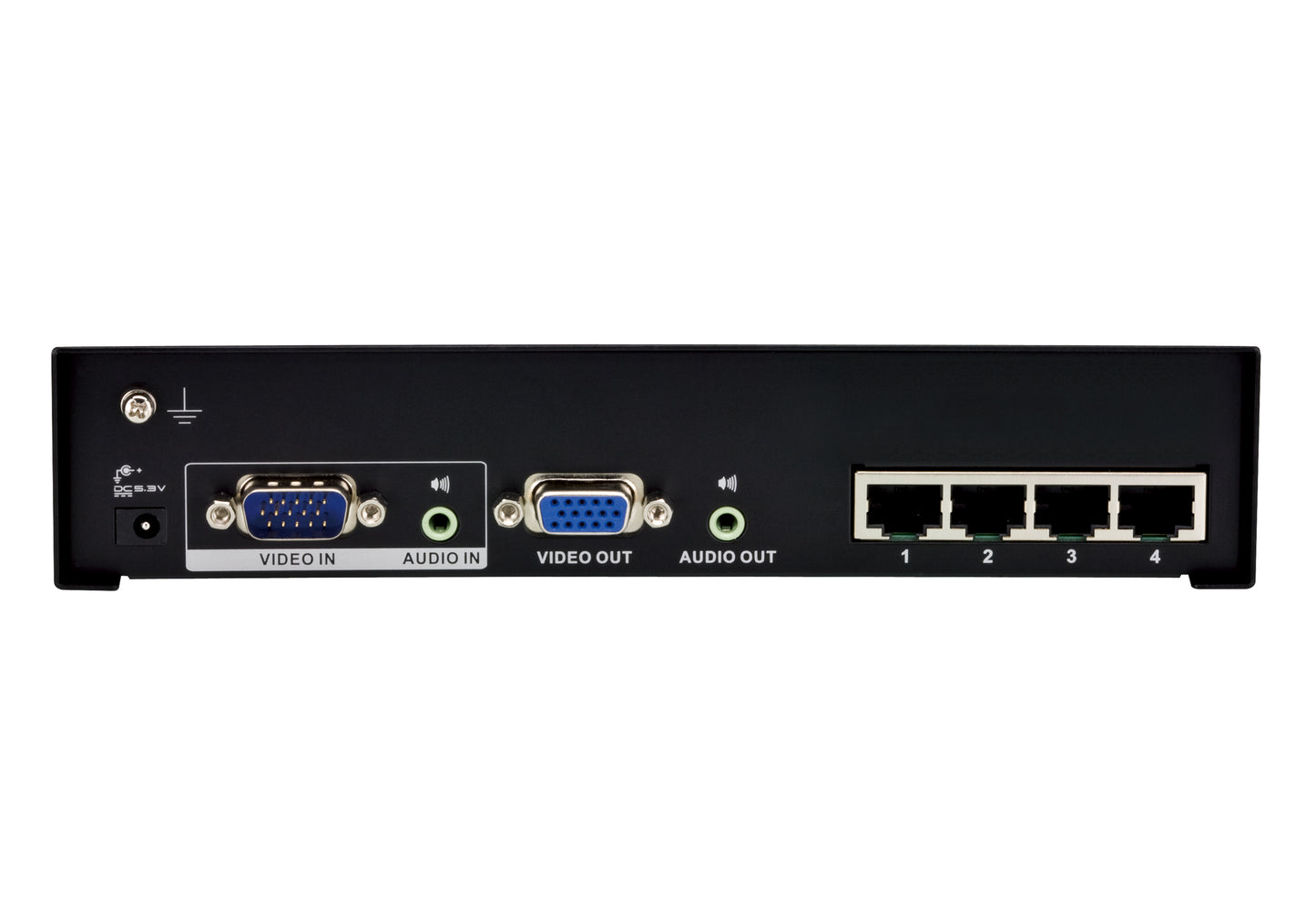 Back side of black aten vs1204t-at-u 4-port vga audio cat 5 splitter with blue vga and four ethernet lan ports