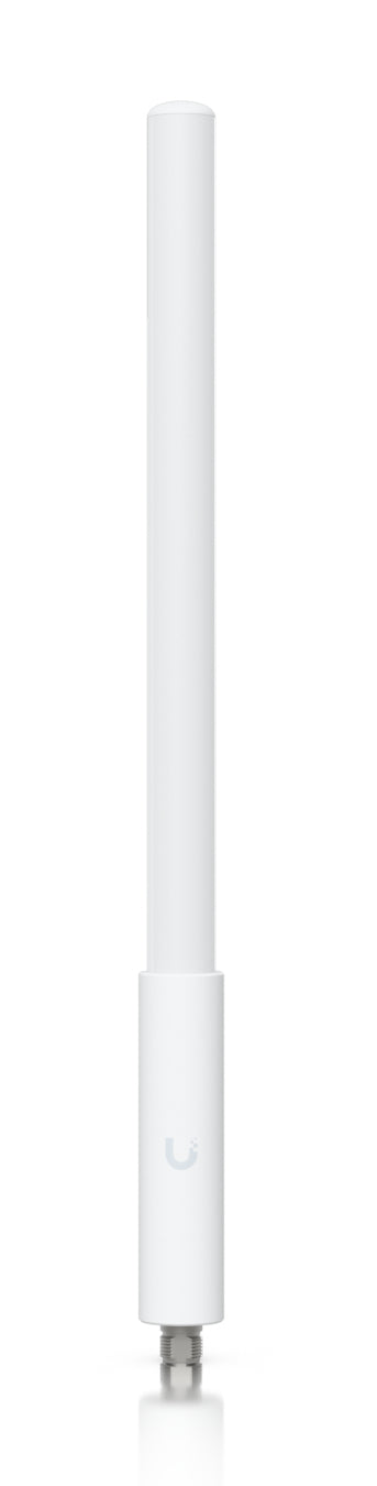 White cylindrical ubiquiti superlink high-gain omnidirectional antenna with u-shaped logo and sleek minimalist design