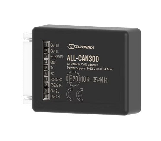 Black rectangular teltonika alc300ruvs01 all-can300 can bus adapter with labeled ports and certification marks on back side