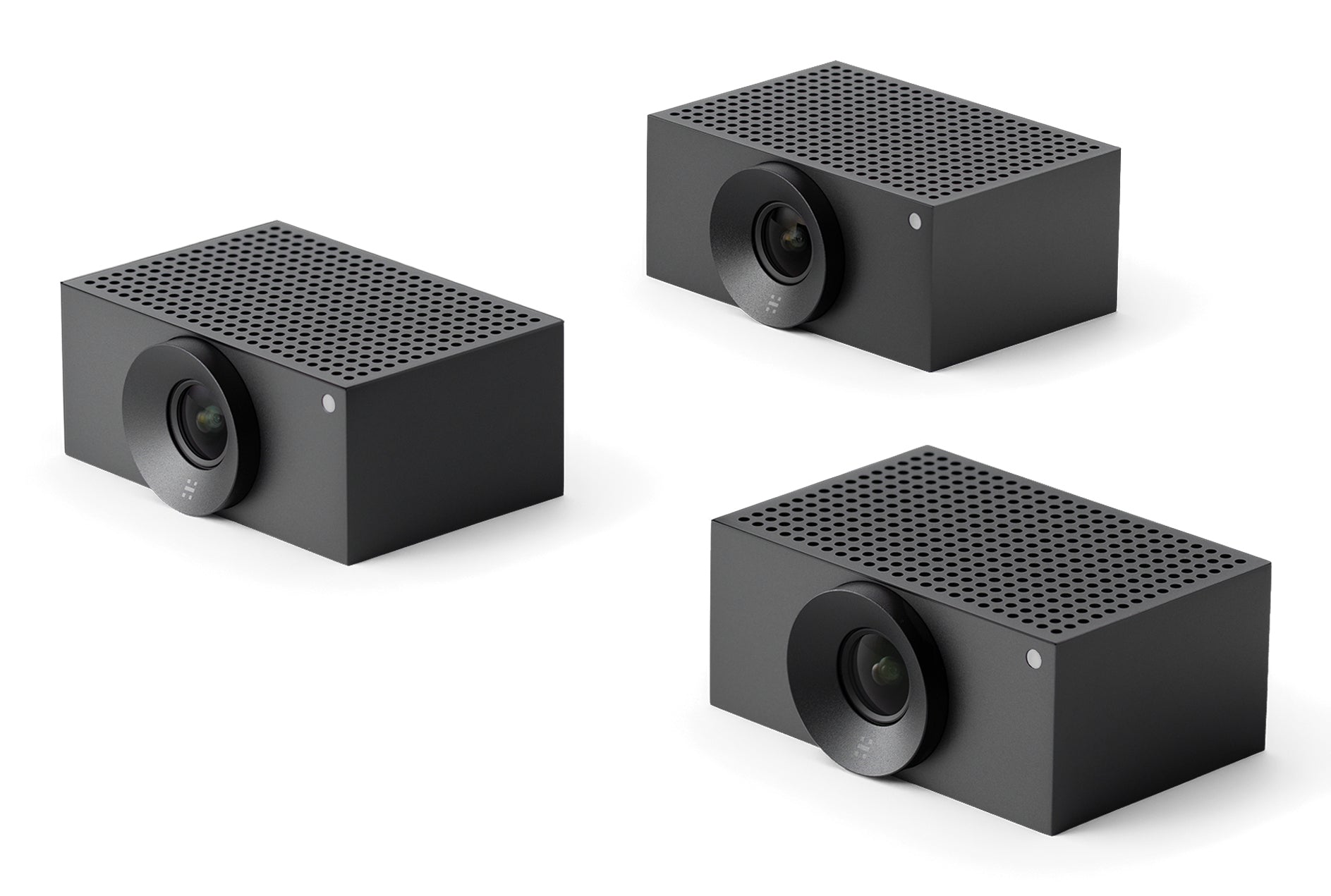 Three sleek black rectangular jabra 9000-102 cam crew ai multi-camera system cameras with perforated tops for video conferencing