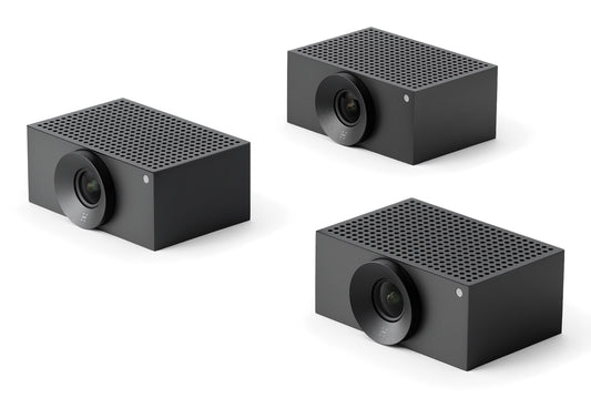 Three sleek black rectangular jabra 9000-102 cam crew ai multi-camera system cameras with perforated tops for video conferencing