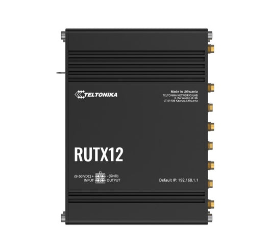 Black Teltonika RUTX12 industrial router with gold antenna connectors