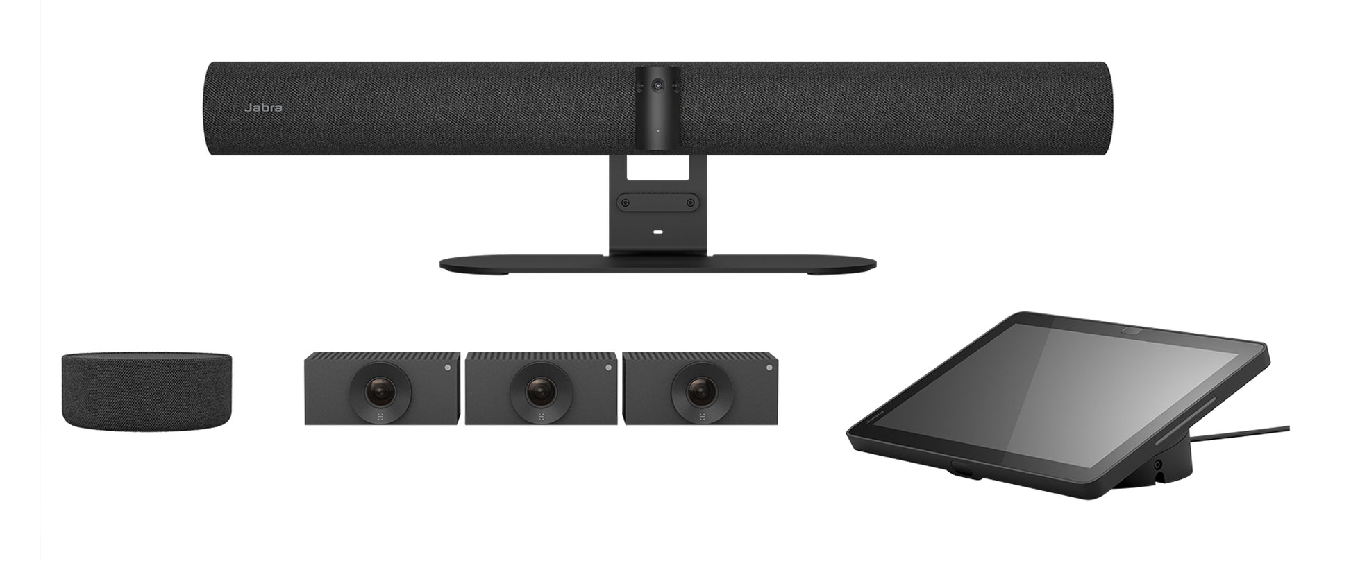 Black Jabra 9010-239 PanaCast Room Kit with touchscreen, speakerbar, three cameras, and Huddly Crew camera for large rooms