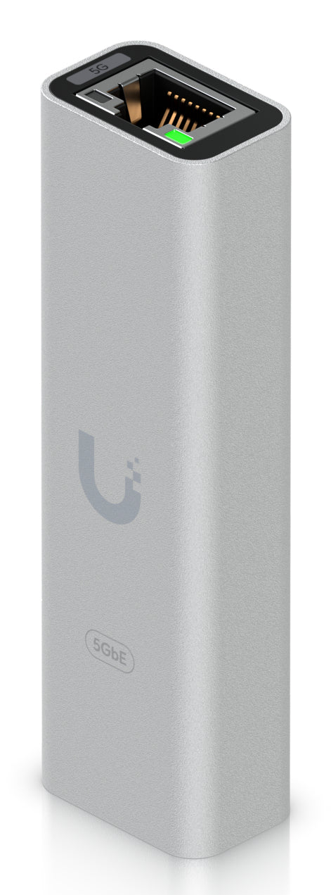 Silver rectangular ubiquiti usb 3.0 to ethernet adapter with green led and 9gbe label for 5gbe network use