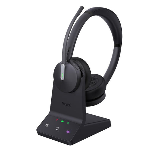 Yealink WH64-D-WS dual-ear wireless headset on charging stand