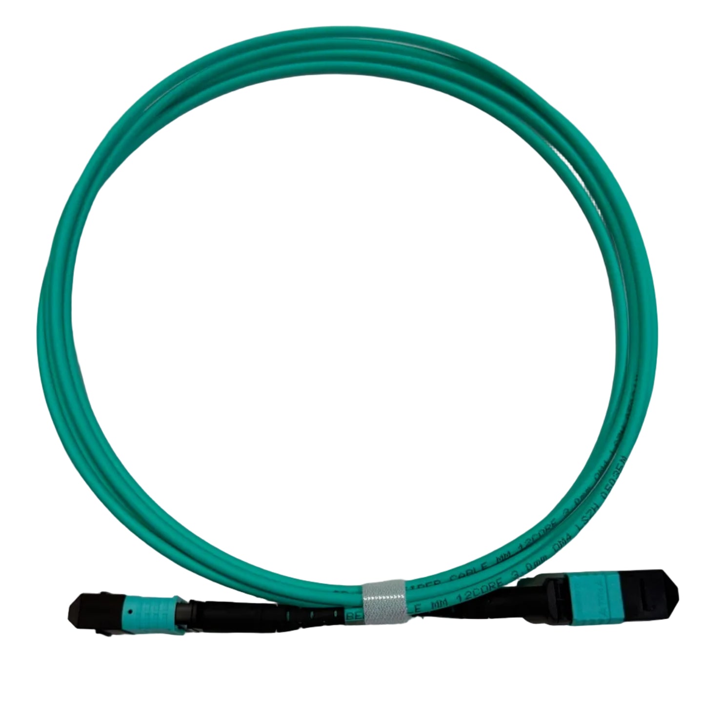 Teal-colored om4 multimode fibre optic cable with black and teal mpo female connectors coiled on white background
