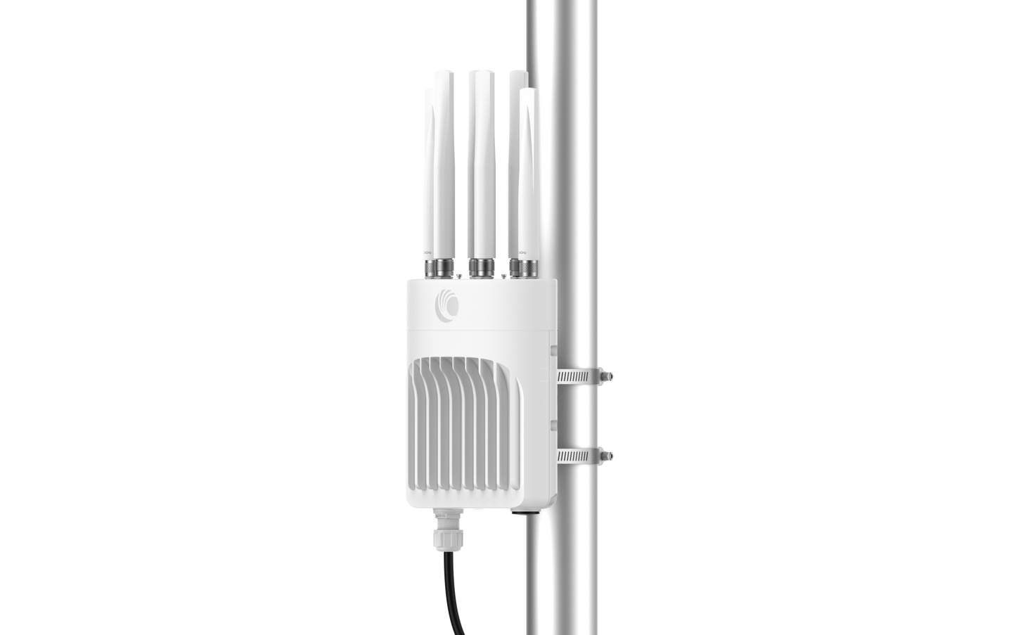Cambium Networks XE3-4T white outdoor WiFi 6E AP with 4 antennas on silver pole