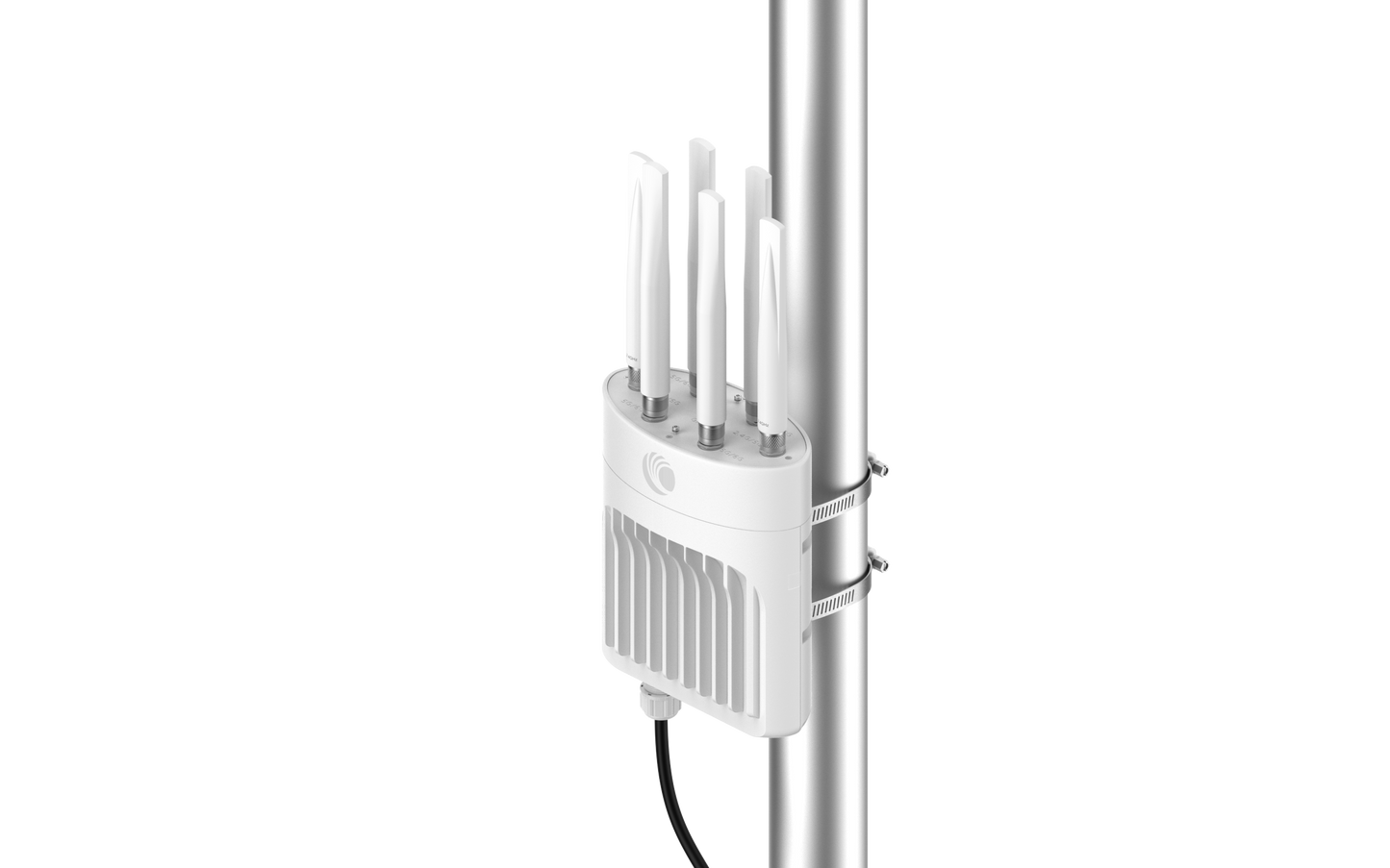 Cambium Networks XE3-4T white outdoor WiFi 6E AP with 5 antennas on silver pole