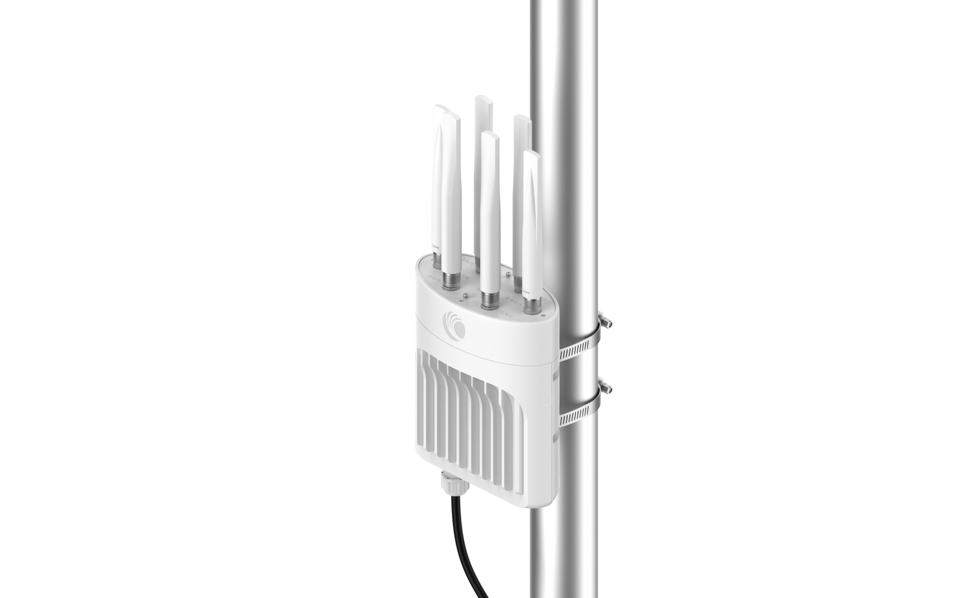 Cambium Networks XE3-4T white outdoor WiFi 6E AP with 5 antennas on silver pole