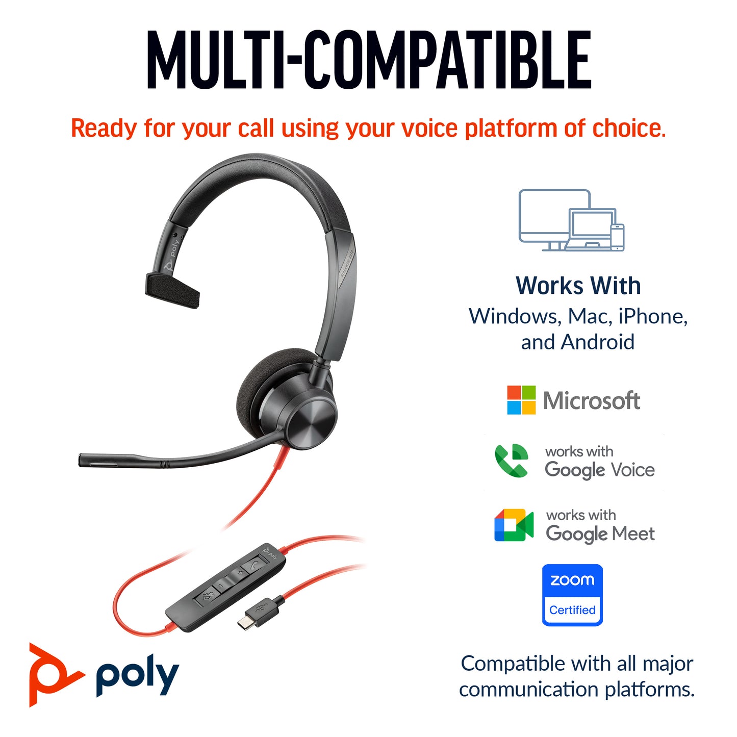 Poly 8X216AA | Blackwire 3310 Monaural USB-C Headset, Microsoft Teams Certified