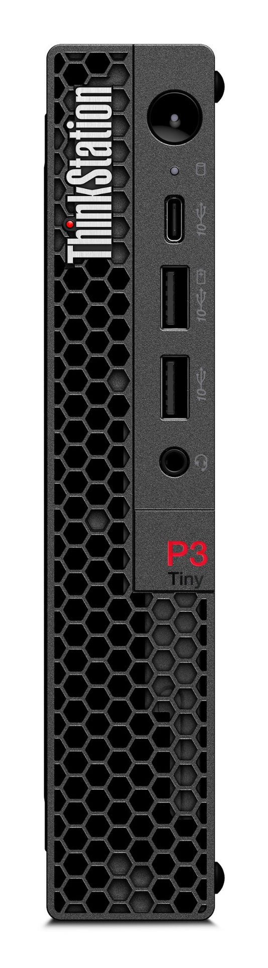 Black Lenovo ThinkStation P3 Tiny Workstation i7-14700 with honeycomb front