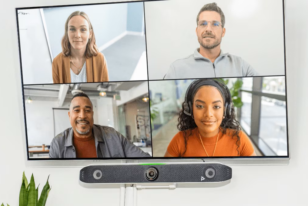 Poly X52 Video Bar black silver camera with sensors below 65-inch display