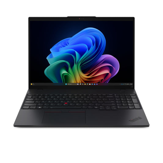 Black lenovo thinkpad l16 gen 3 laptop with sleek design and vibrant abstract wallpaper on screen
