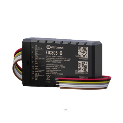 Black teltonika ftc305bppil1 compact 4g lte cat 1 e-mobility tracker terminal with multicolored wiring on back side