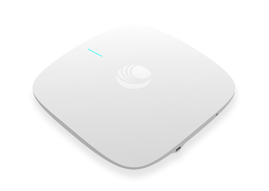 White square wireless access point with blue indicator light and at&t logo cambium networks xv2-2 indoor wifi 6 2x2 access point