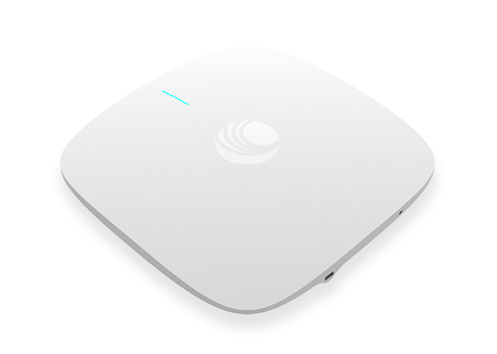 White square wireless access point with blue indicator light and at&t logo cambium networks xv2-2 indoor wifi 6 2x2 ap