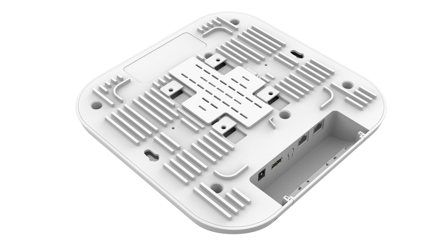 Back of Cambium Networks XV3-8 WiFi 6 AP with white plastic router base, ventilation slots and mounting holes