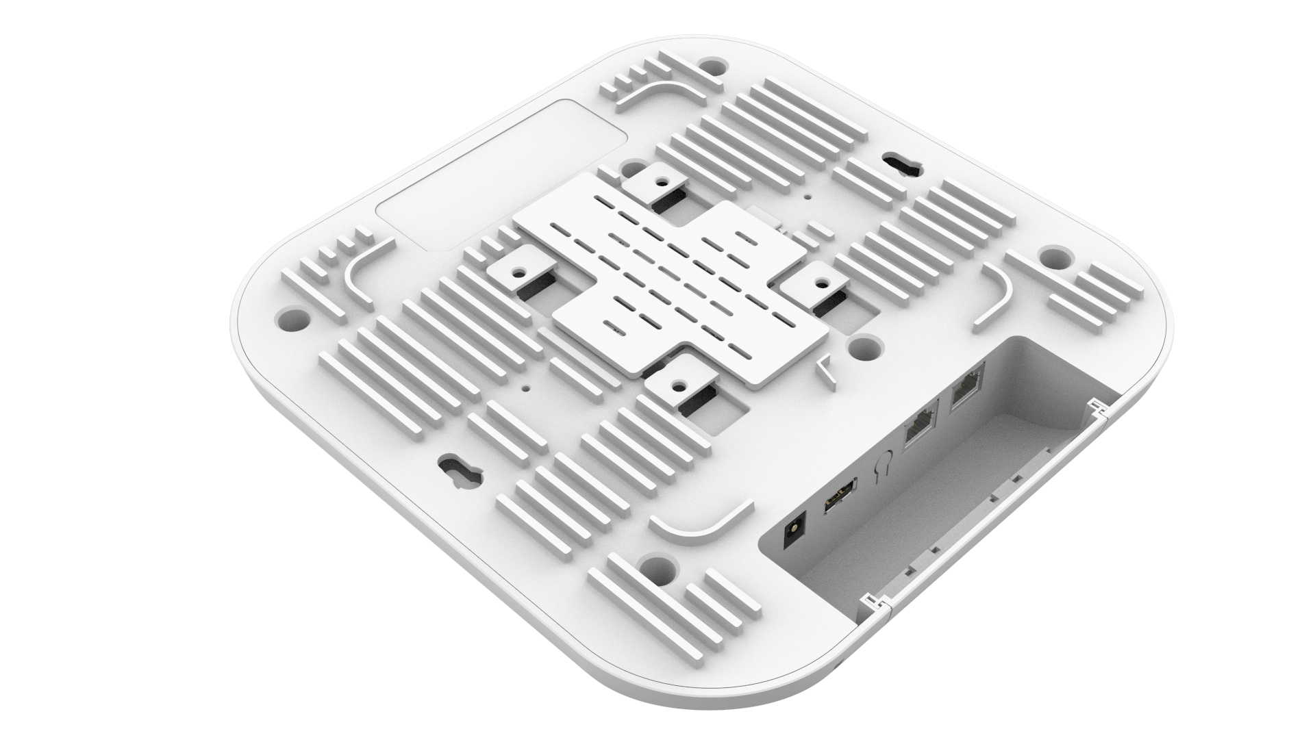 Back of Cambium Networks XV3-8 WiFi 6 AP with white plastic router base, ventilation slots and mounting holes