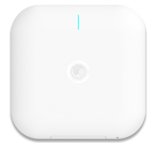 White square-shaped Cambium Networks XV3-8 indoor tri-radio wi-fi 6 access point with blue indicator light and logo