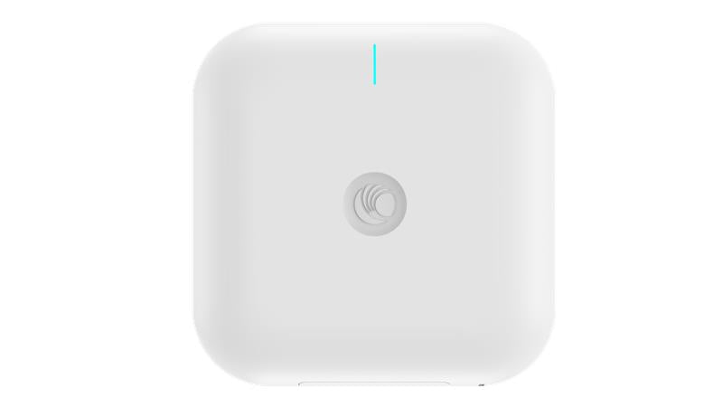 White square-shaped cambium x7-56x wi-fi 7 tri-band indoor access point with blue led and ubiquiti logo on surface