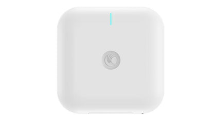 White square-shaped cambium x7-56x wi-fi 7 tri-band indoor access point with blue led and ubiquiti logo on surface