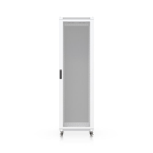 White metal Ubiquiti UACC-Rack-42U-800-P server rack with perforated front panel and casters for efficient cooling