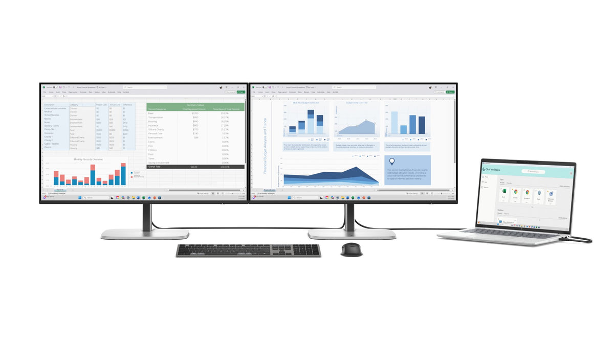 Silver dell ultrawide dual-monitor setup with sleek minimalist design and thin bezels shown from the front