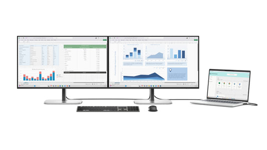 Silver dell ultrawide dual-monitor setup with sleek minimalist design and thin bezels shown from the front