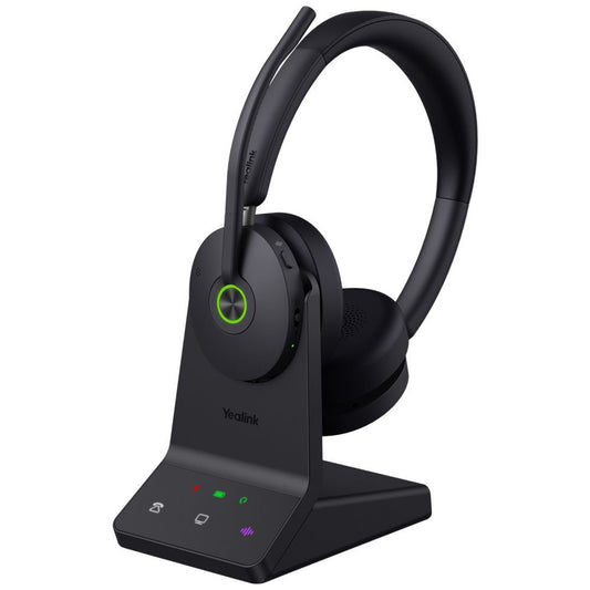 Yealink WH68-WS UC headset with green button and lit charging stand