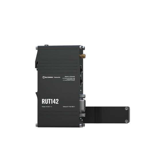 Black teltonika rut142 industrial rs232 router with metallic connectors and mounting bracket for wired and wifi 4 use
