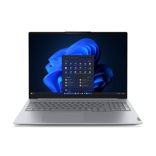 Silver lenovo thinkbook 16 gen 9 laptop with sleek design and vibrant blue windows 11 desktop on screen