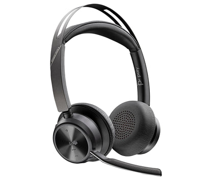 Poly Voyager Focus 2-M USB-C headset with metallic accents, mic arm