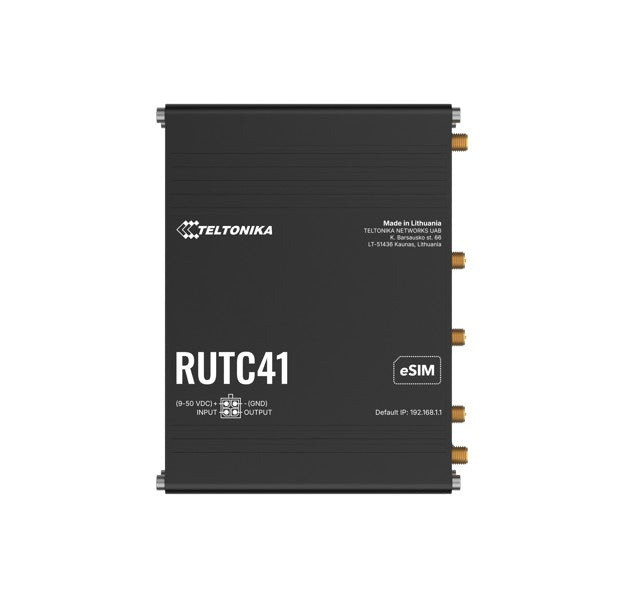 Black teltonika rutc41 4g edge router with gold connectors and white labeling featuring wifi 6 and 1gb ram