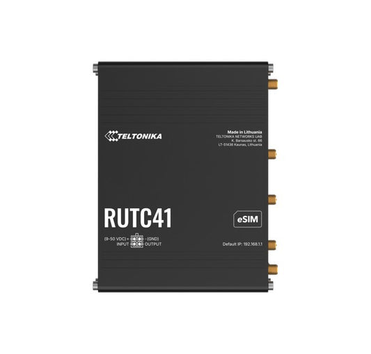 Black teltonika rutc41 4g edge router with gold connectors and white labeling featuring wifi 6 and 1gb ram