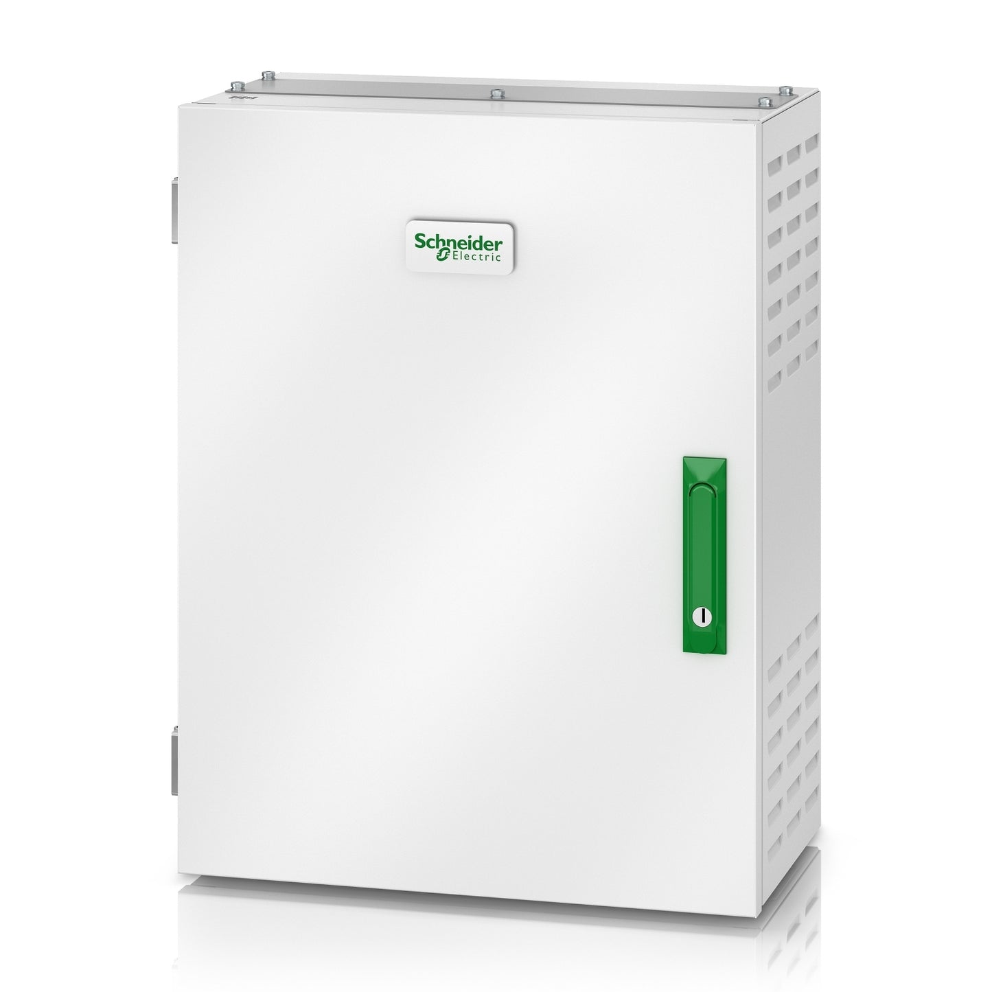White schneider electric electrical panel with green handle and ventilation slots in apc e3mbbb60k80h battery breaker box