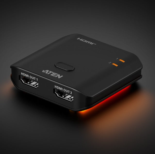 Black Aten VS5812-AT 8K HDMI splitter with 2 output ports and orange lights