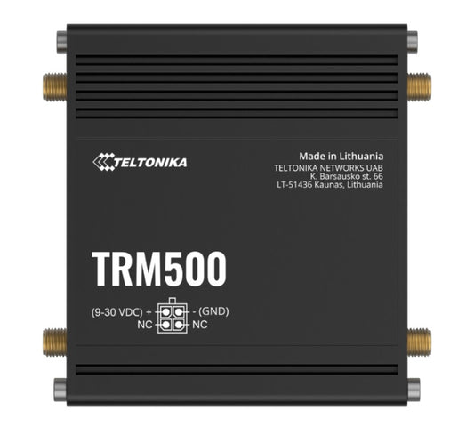Black Teltonika TRM500 5G modem with gold connectors, matte finish