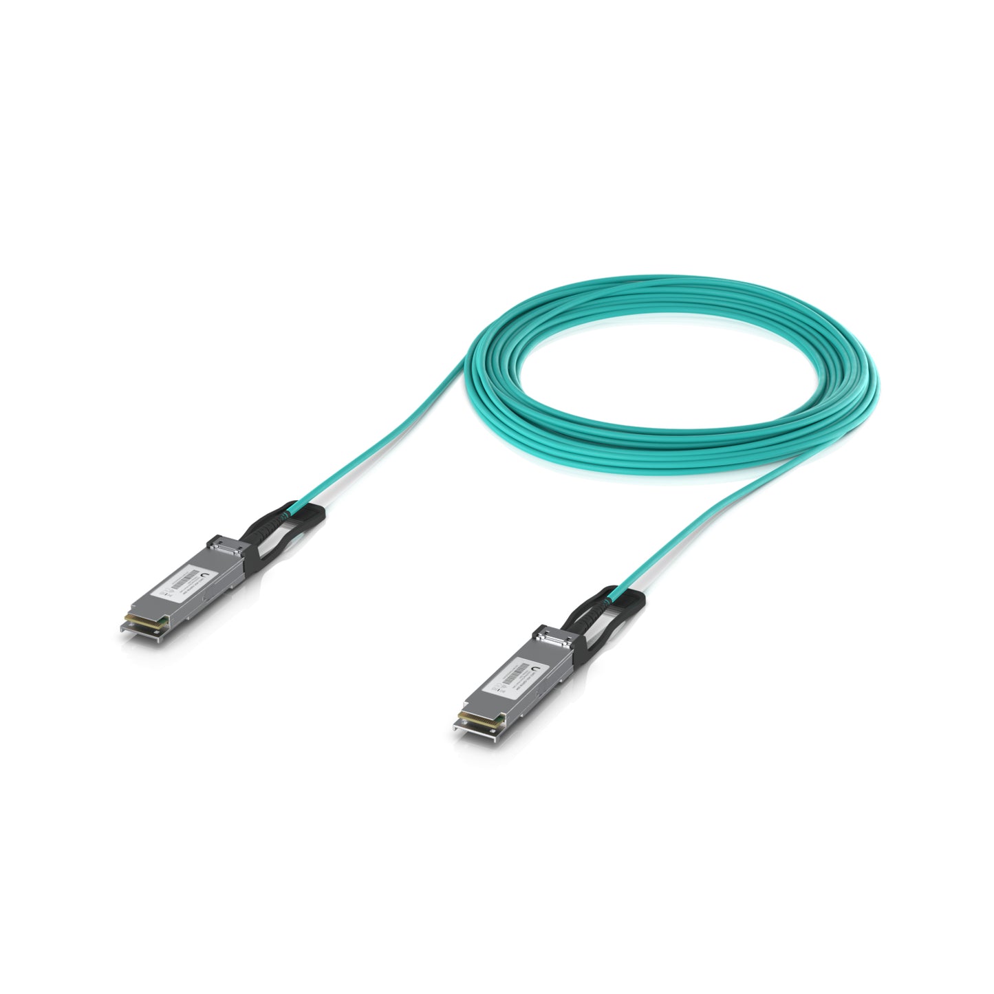 Ubiquiti UACC-AOC-QSFP28-20M teal fiber optic cable with QSFP28 connectors