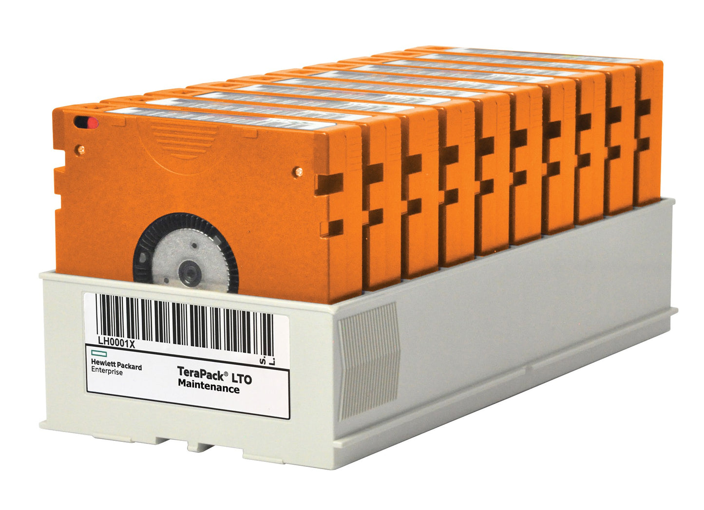 Orange hpe r0r29a terapack lto-9 tape cartridges stacked in white maintenance tray with 18tb native capacity