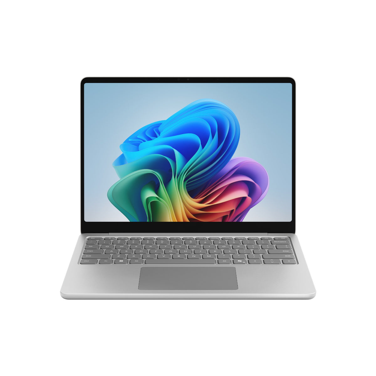 Silver microsoft surface laptop 3 with minimalist design and vibrant rainbow wallpaper in 13 inch copilot plus pc