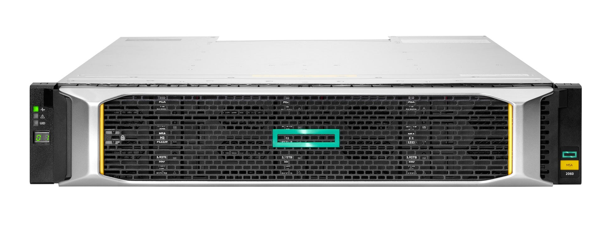 Silver and black hpe msa 2060 lff 12gb sas storage array server rack with teal logo ventilation grilles and indicator lights