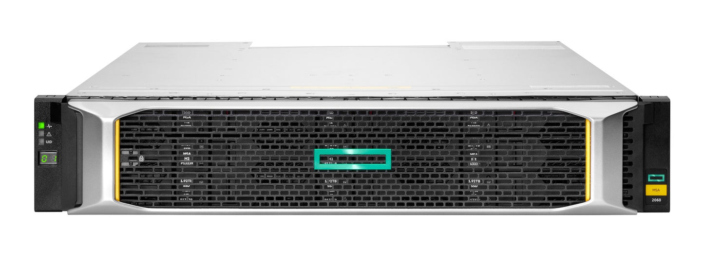 Silver and black hpe msa 2060 lff storage array with teal logo ventilation grilles and indicator lights on server rack